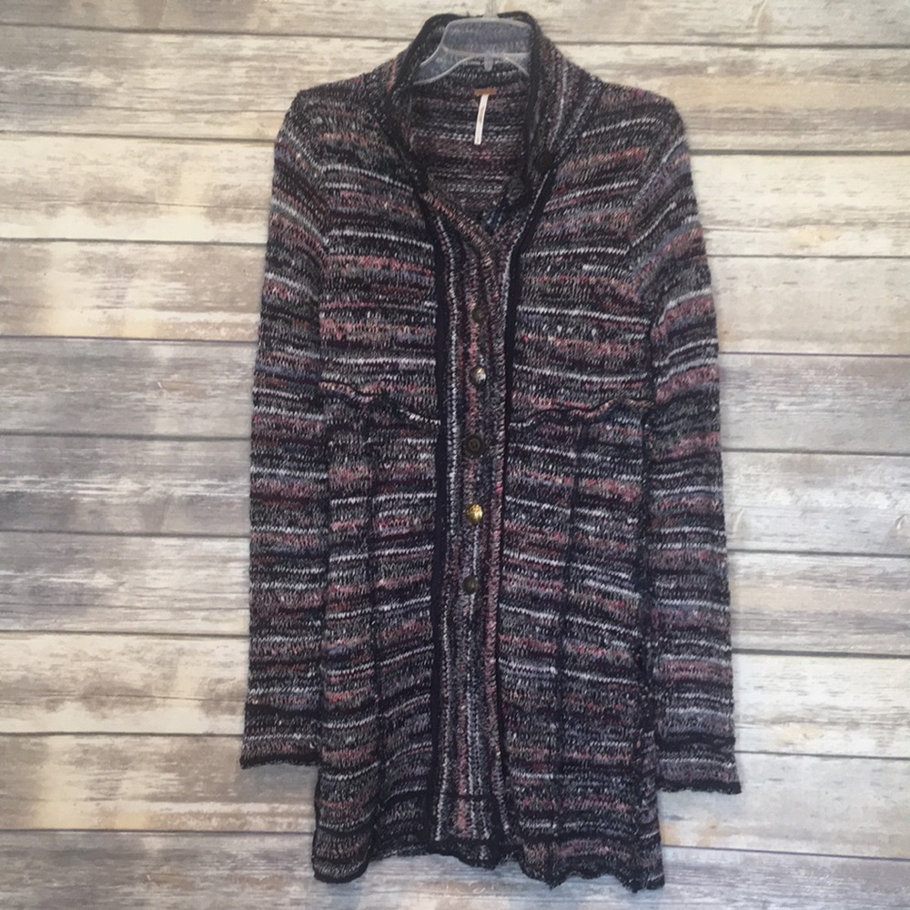 Free People Multi Color Button Up Trench Cardigan